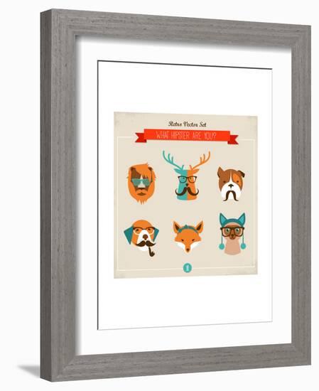 Cute Fashion Hipster Animals & Pets, Set of Vector Icons-Marish-Framed Art Print