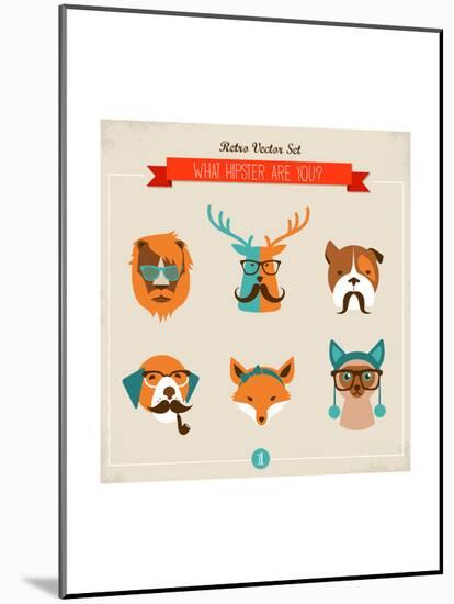 Cute Fashion Hipster Animals & Pets, Set of Vector Icons-Marish-Mounted Art Print