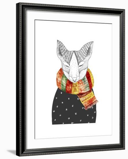 Cute Fox in Scarf. Vector Watercolor Animal Portrait. Autumn Theme and Colors. Ornate Wild Animal.-Maria Sem-Framed Art Print