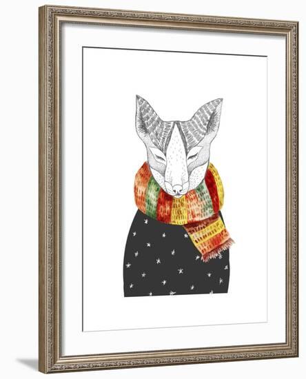 Cute Fox in Scarf. Vector Watercolor Animal Portrait. Autumn Theme and Colors. Ornate Wild Animal.-Maria Sem-Framed Art Print