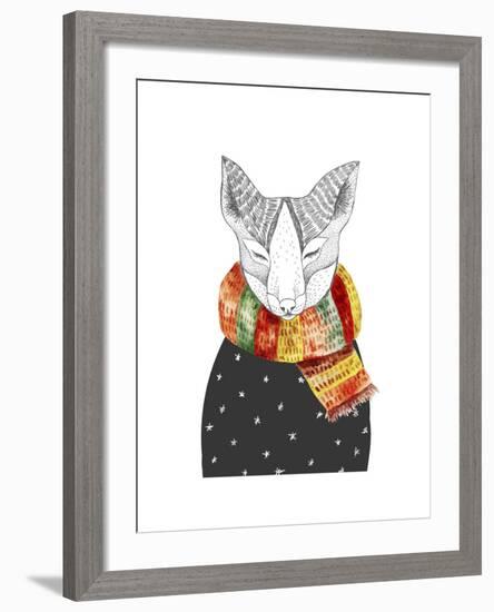 Cute Fox in Scarf. Vector Watercolor Animal Portrait. Autumn Theme and Colors. Ornate Wild Animal.-Maria Sem-Framed Art Print