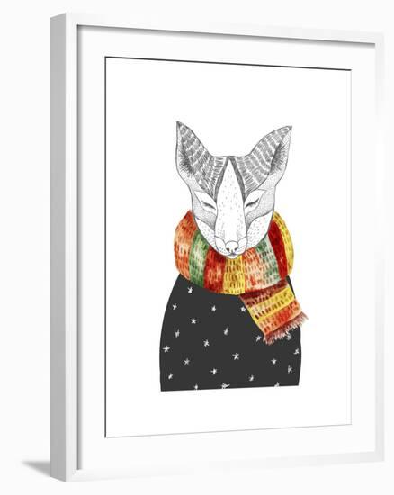 Cute Fox in Scarf. Vector Watercolor Animal Portrait. Autumn Theme and Colors. Ornate Wild Animal.-Maria Sem-Framed Art Print