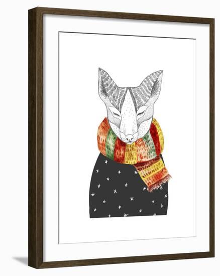 Cute Fox in Scarf. Vector Watercolor Animal Portrait. Autumn Theme and Colors. Ornate Wild Animal.-Maria Sem-Framed Art Print