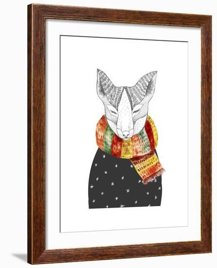 Cute Fox in Scarf. Vector Watercolor Animal Portrait. Autumn Theme and Colors. Ornate Wild Animal.-Maria Sem-Framed Art Print