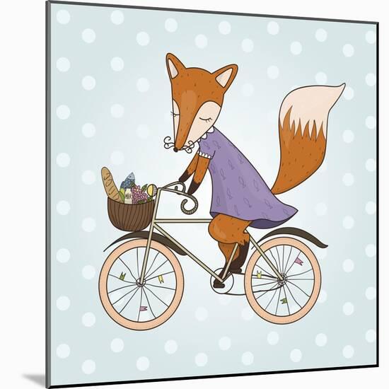 Cute Fox Riding on a Bicycle .Bicycle Basket with Food and Flowers. Kids Illustration Vector-Maria Sem-Mounted Art Print
