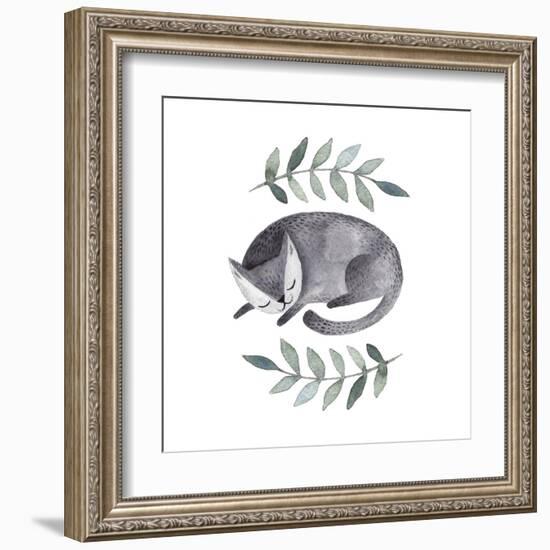 Cute Gray Sleeping Cat. Watercolor Kids Illustration with Domestic Animal. Sleeping Lovely Pet. Han-Maria Sem-Framed Art Print