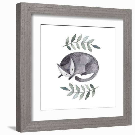 Cute Gray Sleeping Cat. Watercolor Kids Illustration with Domestic Animal. Sleeping Lovely Pet. Han-Maria Sem-Framed Art Print