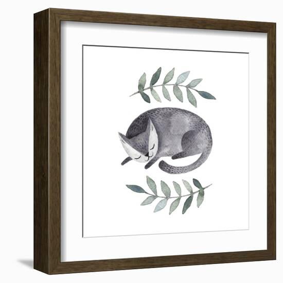 Cute Gray Sleeping Cat. Watercolor Kids Illustration with Domestic Animal. Sleeping Lovely Pet. Han-Maria Sem-Framed Art Print