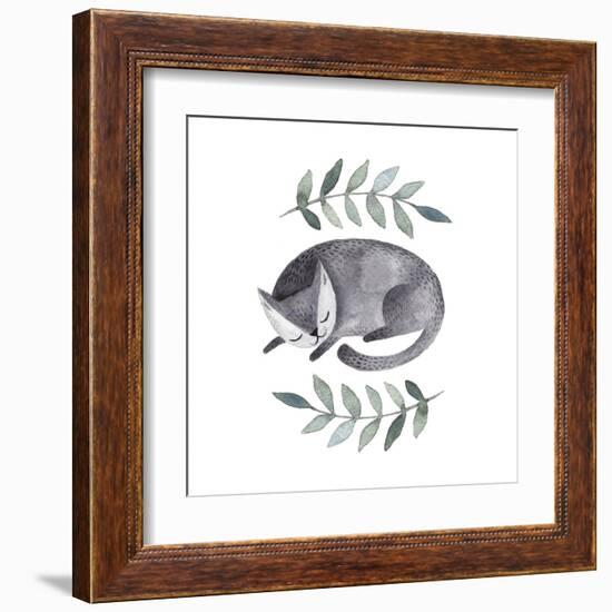 Cute Gray Sleeping Cat. Watercolor Kids Illustration with Domestic Animal. Sleeping Lovely Pet. Han-Maria Sem-Framed Art Print