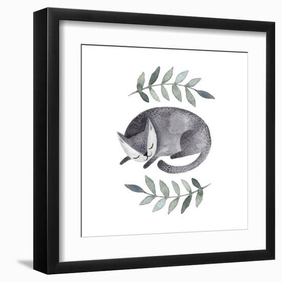 Cute Gray Sleeping Cat. Watercolor Kids Illustration with Domestic Animal. Sleeping Lovely Pet. Han-Maria Sem-Framed Art Print