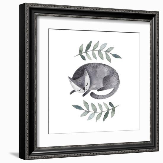 Cute Gray Sleeping Cat. Watercolor Kids Illustration with Domestic Animal. Sleeping Lovely Pet. Han-Maria Sem-Framed Art Print