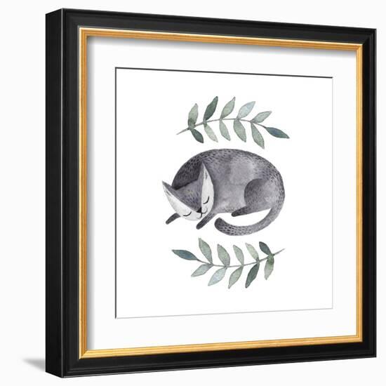 Cute Gray Sleeping Cat. Watercolor Kids Illustration with Domestic Animal. Sleeping Lovely Pet. Han-Maria Sem-Framed Art Print