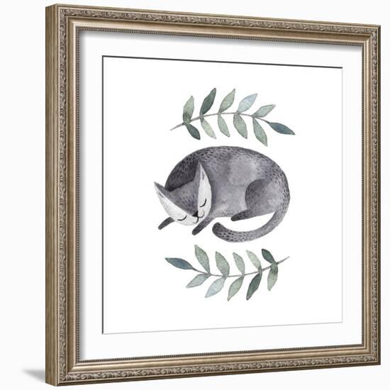 Cute Gray Sleeping Cat. Watercolor Kids Illustration with Domestic Animal. Sleeping Lovely Pet. Han-Maria Sem-Framed Premium Giclee Print