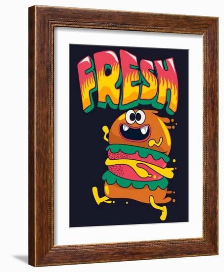 Cute Hamburger is Running, Vector Design for Kids Tee-braingraph-Framed Art Print