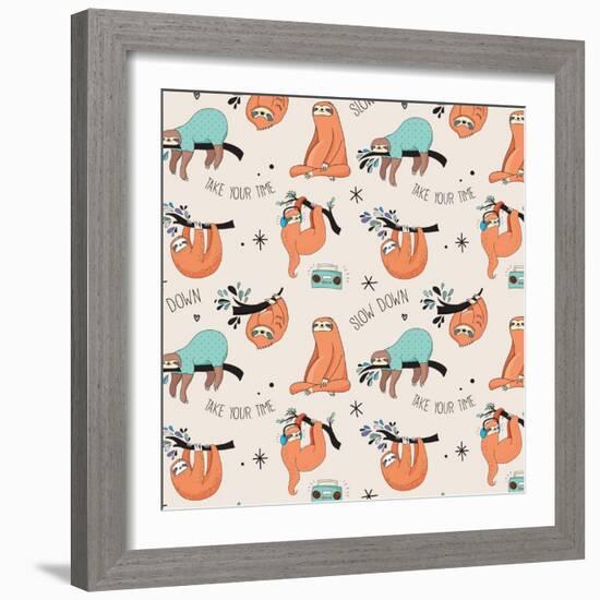 Cute Hand Drawn Sloths, Funny Vector Cute Hand Drawn Sloths Illustrations, Seamless Pattern-Marish-Framed Art Print