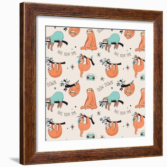 Cute Hand Drawn Sloths, Funny Vector Cute Hand Drawn Sloths Illustrations, Seamless Pattern-Marish-Framed Art Print