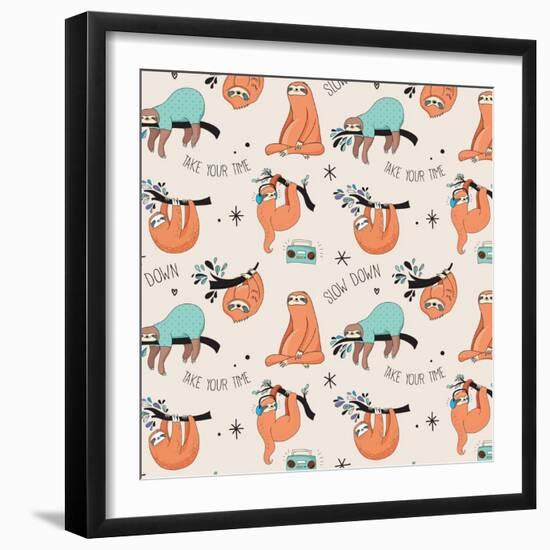 Cute Hand Drawn Sloths, Funny Vector Cute Hand Drawn Sloths Illustrations, Seamless Pattern-Marish-Framed Art Print