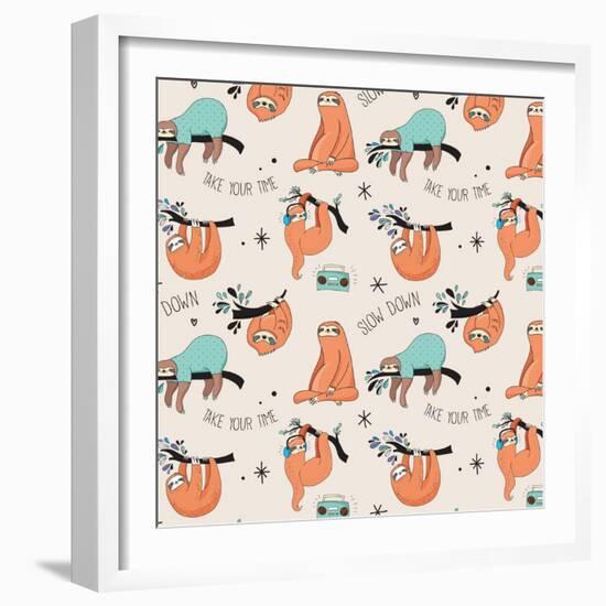 Cute Hand Drawn Sloths, Funny Vector Cute Hand Drawn Sloths Illustrations, Seamless Pattern-Marish-Framed Art Print