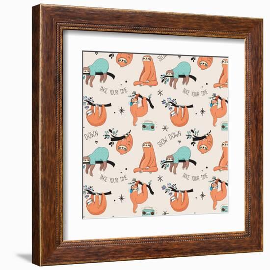 Cute Hand Drawn Sloths, Funny Vector Cute Hand Drawn Sloths Illustrations, Seamless Pattern-Marish-Framed Art Print