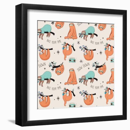 Cute Hand Drawn Sloths, Funny Vector Cute Hand Drawn Sloths Illustrations, Seamless Pattern-Marish-Framed Art Print