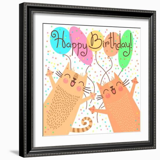 Cute Happy Birthday with Funny Kittens-Baksiabat-Framed Art Print