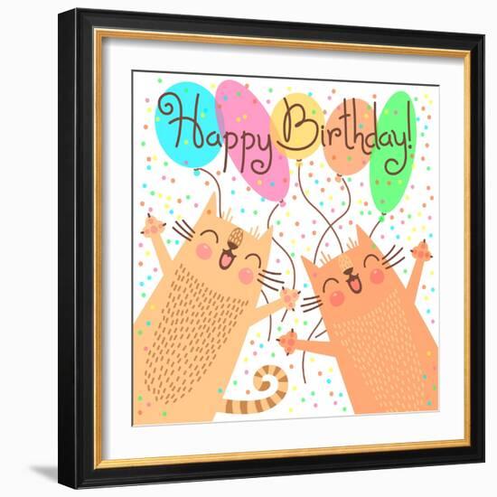 Cute Happy Birthday with Funny Kittens-Baksiabat-Framed Art Print