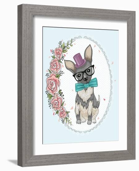 Cute Hipster Dog and Flower Frame.-cherry blossom girl-Framed Art Print