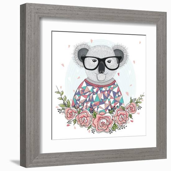 Cute Hipster Koala with Glasses and Flower Frame.-cherry blossom girl-Framed Art Print