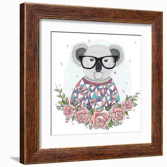 Cute Hipster Koala with Glasses and Flower Frame.-cherry blossom girl-Framed Art Print