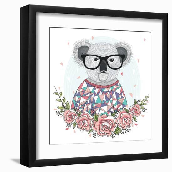 Cute Hipster Koala with Glasses and Flower Frame.-cherry blossom girl-Framed Art Print