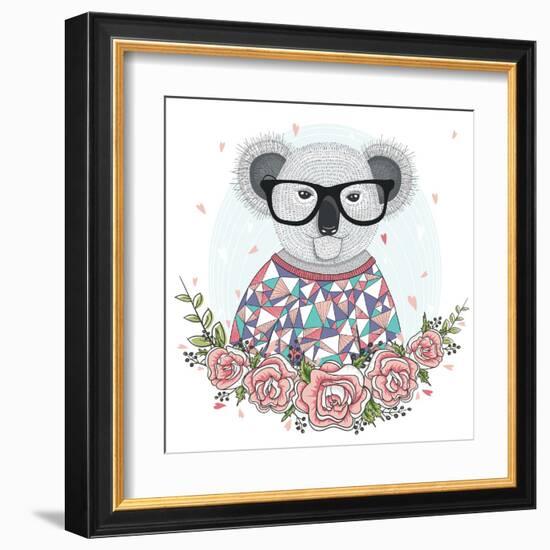 Cute Hipster Koala with Glasses and Flower Frame.-cherry blossom girl-Framed Art Print