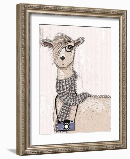 Cute Hipster Lama with Photo Camera, Glasses and Scarf-cherry blossom girl-Framed Art Print