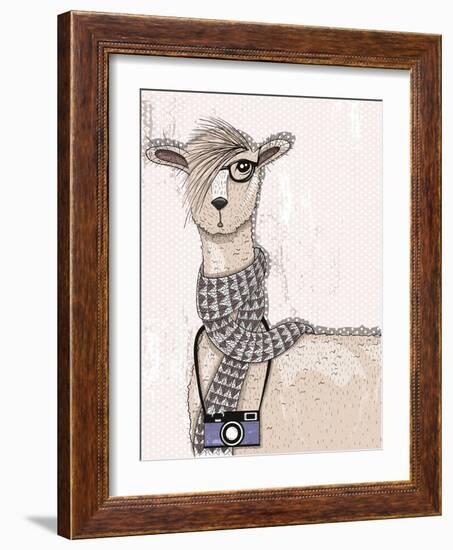 Cute Hipster Lama with Photo Camera, Glasses and Scarf-cherry blossom girl-Framed Art Print