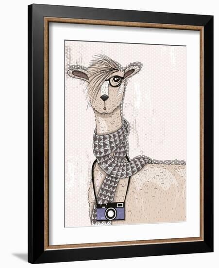 Cute Hipster Lama with Photo Camera, Glasses and Scarf-cherry blossom girl-Framed Art Print