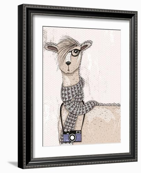 Cute Hipster Lama with Photo Camera, Glasses and Scarf-cherry blossom girl-Framed Art Print