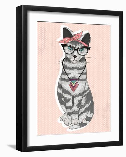 Cute Hipster Rockabilly Cat with Head Scarf, Glasses and Necklace-cherry blossom girl-Framed Art Print