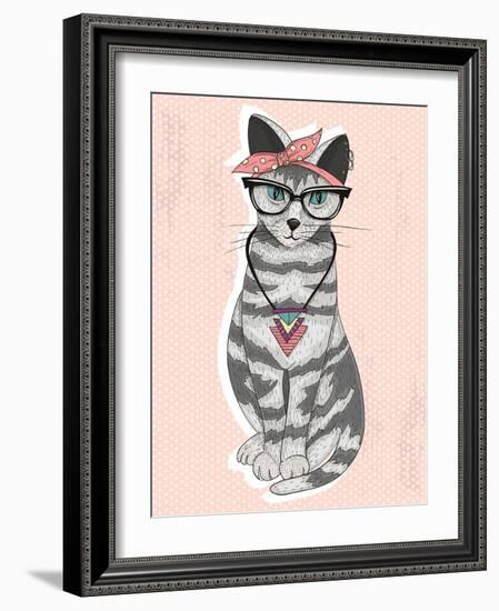 Cute Hipster Rockabilly Cat with Head Scarf, Glasses and Necklace-cherry blossom girl-Framed Art Print