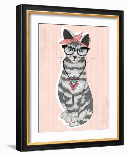 Cute Hipster Rockabilly Cat with Head Scarf, Glasses and Necklace-cherry blossom girl-Framed Art Print