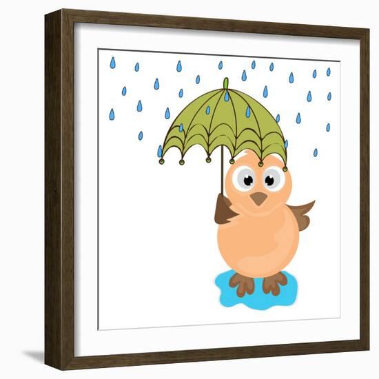 Cute Illustration of an Owl under Umbrella in Raining Season.-aispl-Framed Art Print