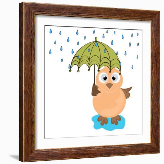 Cute Illustration of an Owl under Umbrella in Raining Season.-aispl-Framed Art Print