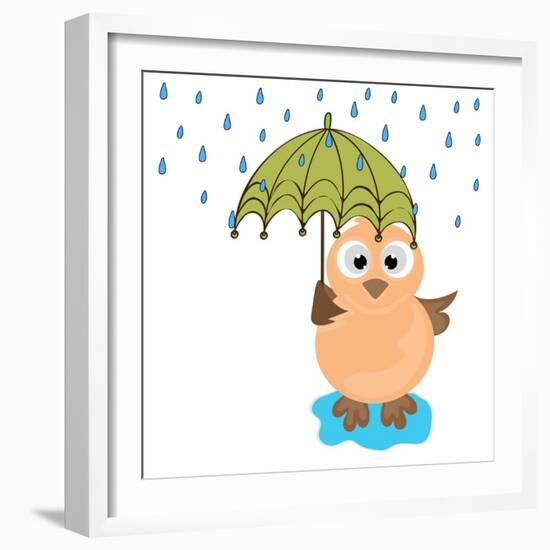 Cute Illustration of an Owl under Umbrella in Raining Season.-aispl-Framed Art Print