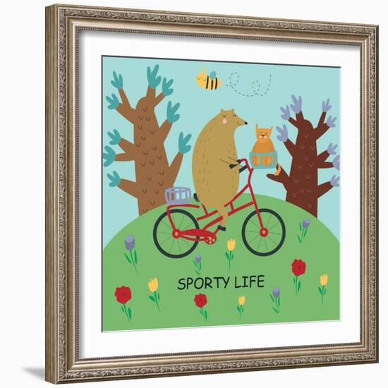 Cute Illustrations of Bear Riding a Bike in Cartoon Style. Sporty Life, Poster.-Kaliaha Volha-Framed Art Print