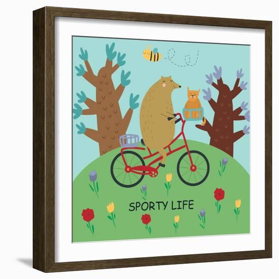 Cute Illustrations of Bear Riding a Bike in Cartoon Style. Sporty Life, Poster.-Kaliaha Volha-Framed Art Print