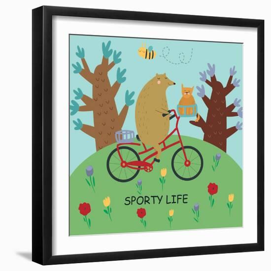 Cute Illustrations of Bear Riding a Bike in Cartoon Style. Sporty Life, Poster.-Kaliaha Volha-Framed Art Print