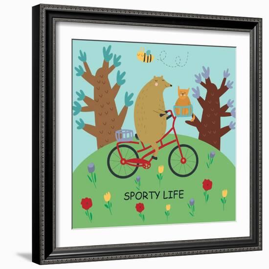 Cute Illustrations of Bear Riding a Bike in Cartoon Style. Sporty Life, Poster.-Kaliaha Volha-Framed Art Print