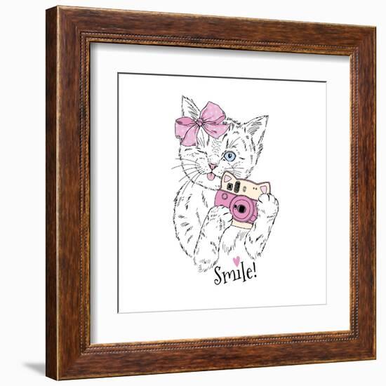 Cute Kitty Girl with Photo Camera-Olga_Angelloz-Framed Art Print