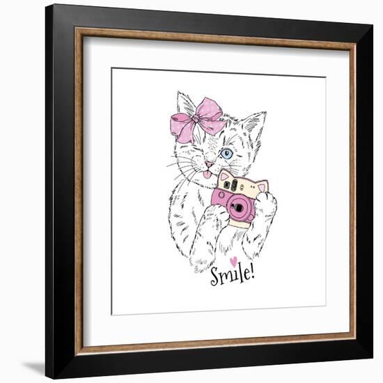 Cute Kitty Girl with Photo Camera-Olga_Angelloz-Framed Art Print