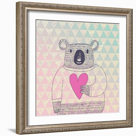 Cute Koala Bear in Hipster Style. Funny Koala in Sweater with Big Heart on Modern Stylish Geometric-smilewithjul-Framed Art Print