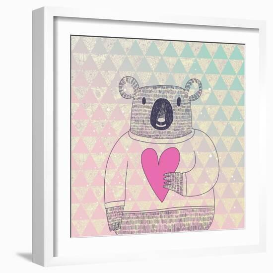 Cute Koala Bear in Hipster Style. Funny Koala in Sweater with Big Heart on Modern Stylish Geometric-smilewithjul-Framed Art Print