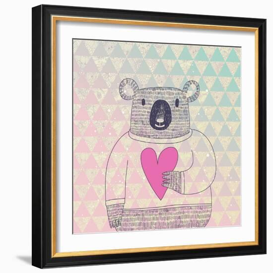 Cute Koala Bear in Hipster Style. Funny Koala in Sweater with Big Heart on Modern Stylish Geometric-smilewithjul-Framed Art Print